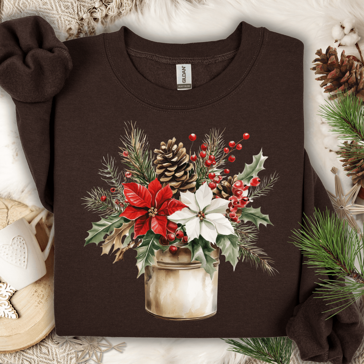 Dark chocolate Gildan sweatshirt with a watercolor poinsettia bouquet in a rustic jar.