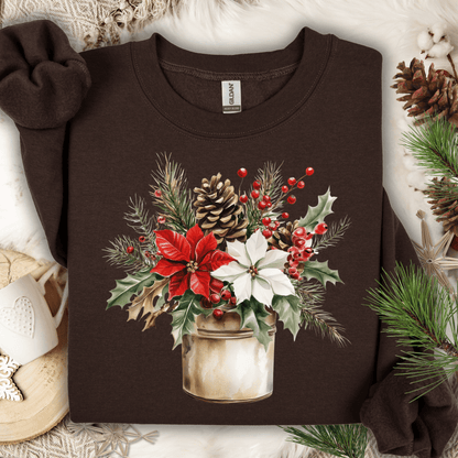 Dark chocolate Gildan sweatshirt with a watercolor poinsettia bouquet in a rustic jar.