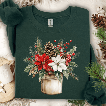 Forest Green Gildan sweatshirt with watercolor poinsettia, pine, and holly bouquet in a rustic jar.