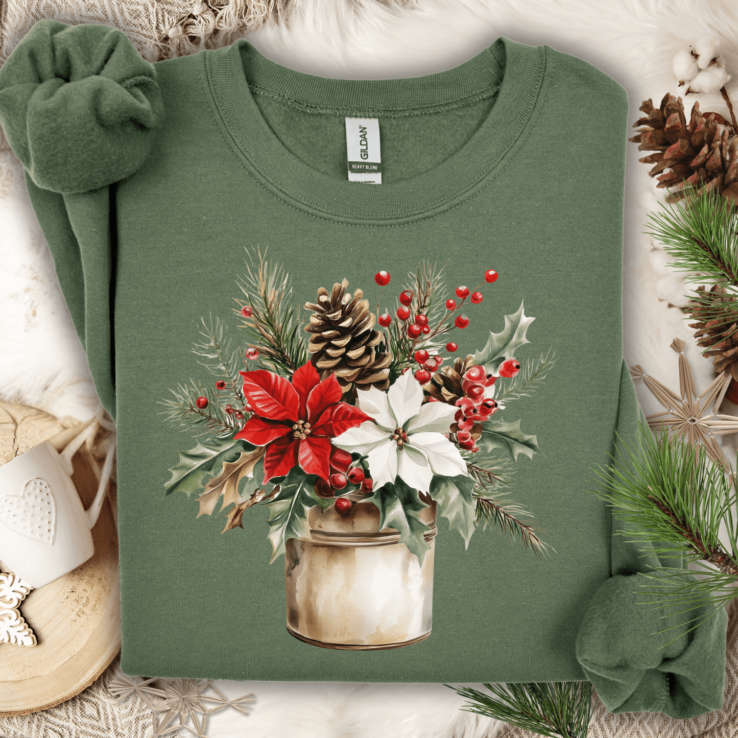 Military green Gildan sweatshirt with a watercolor Christmas poinsettia bouquet in a rustic metal jar.