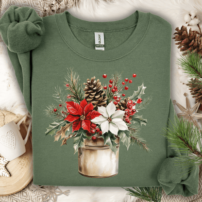 Military green Gildan sweatshirt with a watercolor Christmas poinsettia bouquet in a rustic metal jar.
