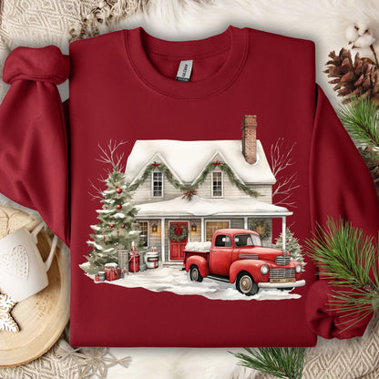 Cardinal Red Gildan sweatshirt with a watercolor farmhouse, red vintage truck, and Christmas tree in snow.
