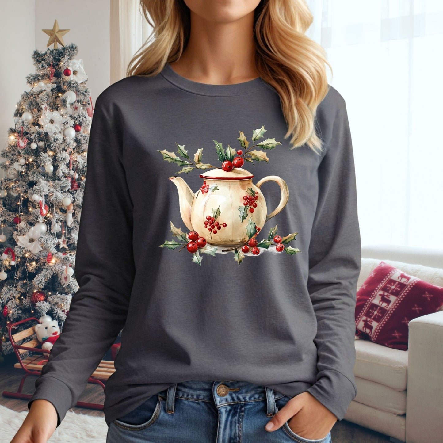 Farmhouse Christmas Teapot Long Sleeve Tee