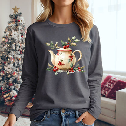 Farmhouse Christmas Teapot Long Sleeve Tee