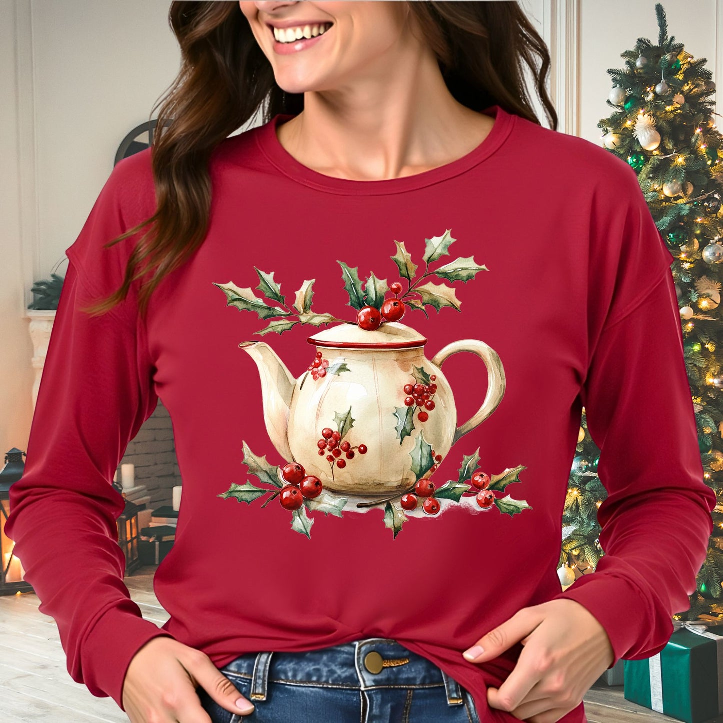 Farmhouse Christmas Teapot Long Sleeve Tee