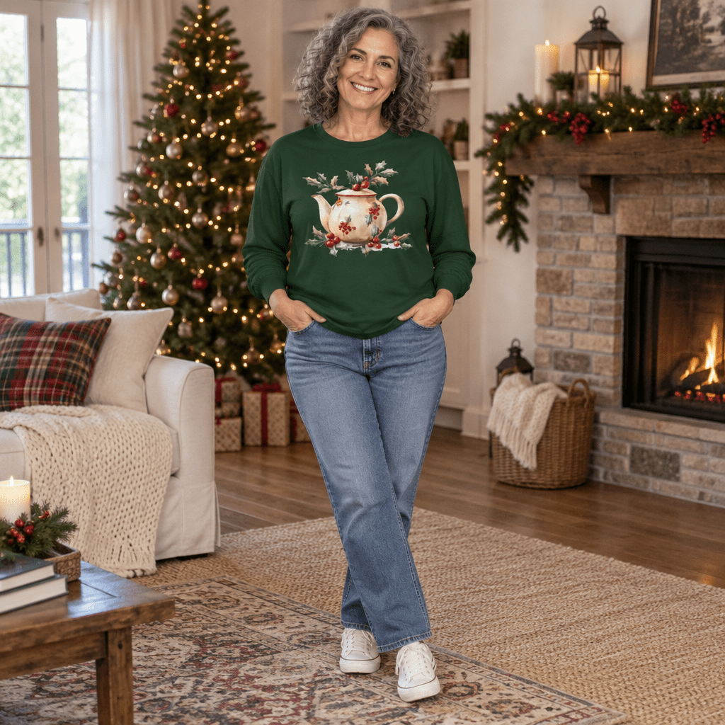 Farmhouse Christmas Teapot Long Sleeve Tee