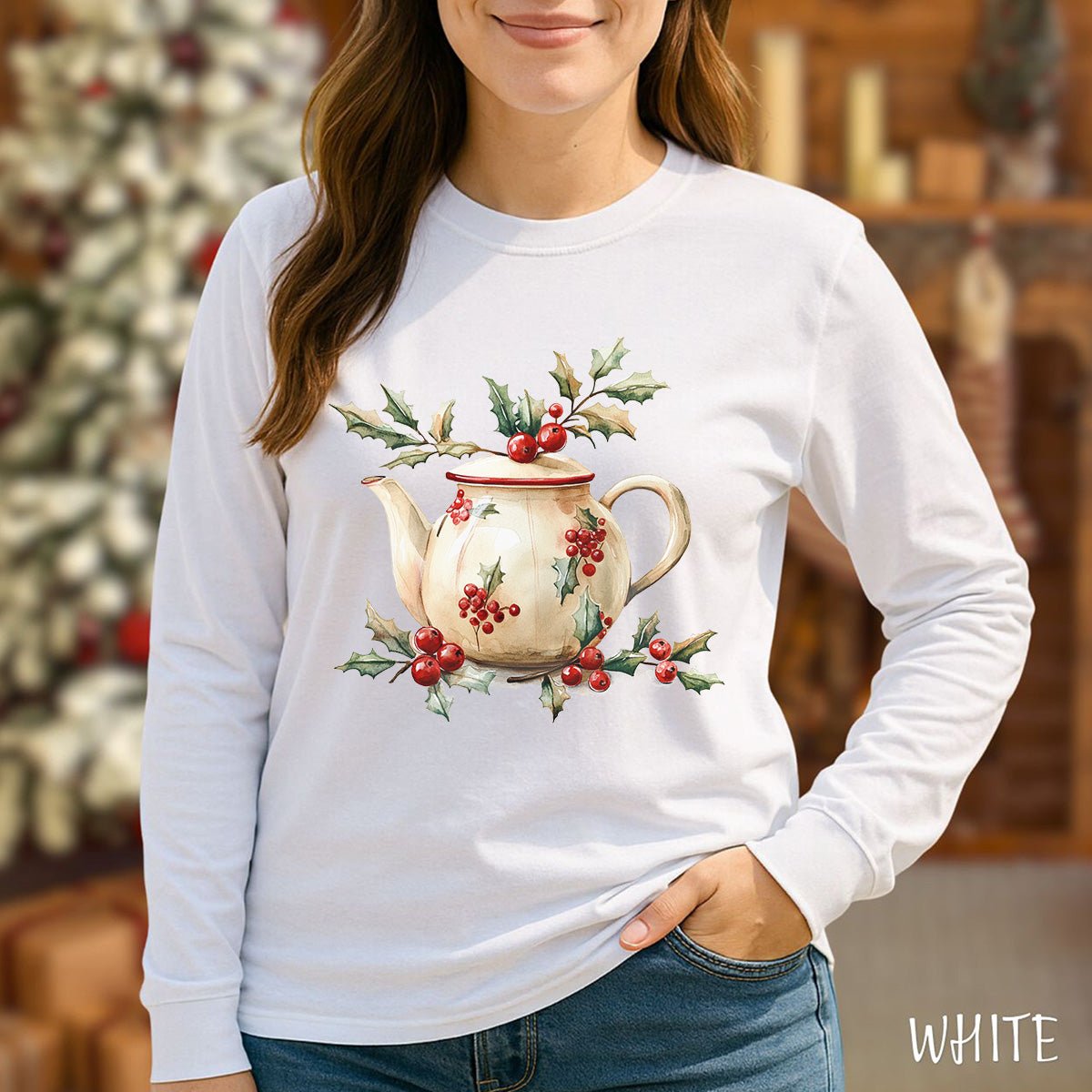 Farmhouse Christmas Teapot Long Sleeve Tee