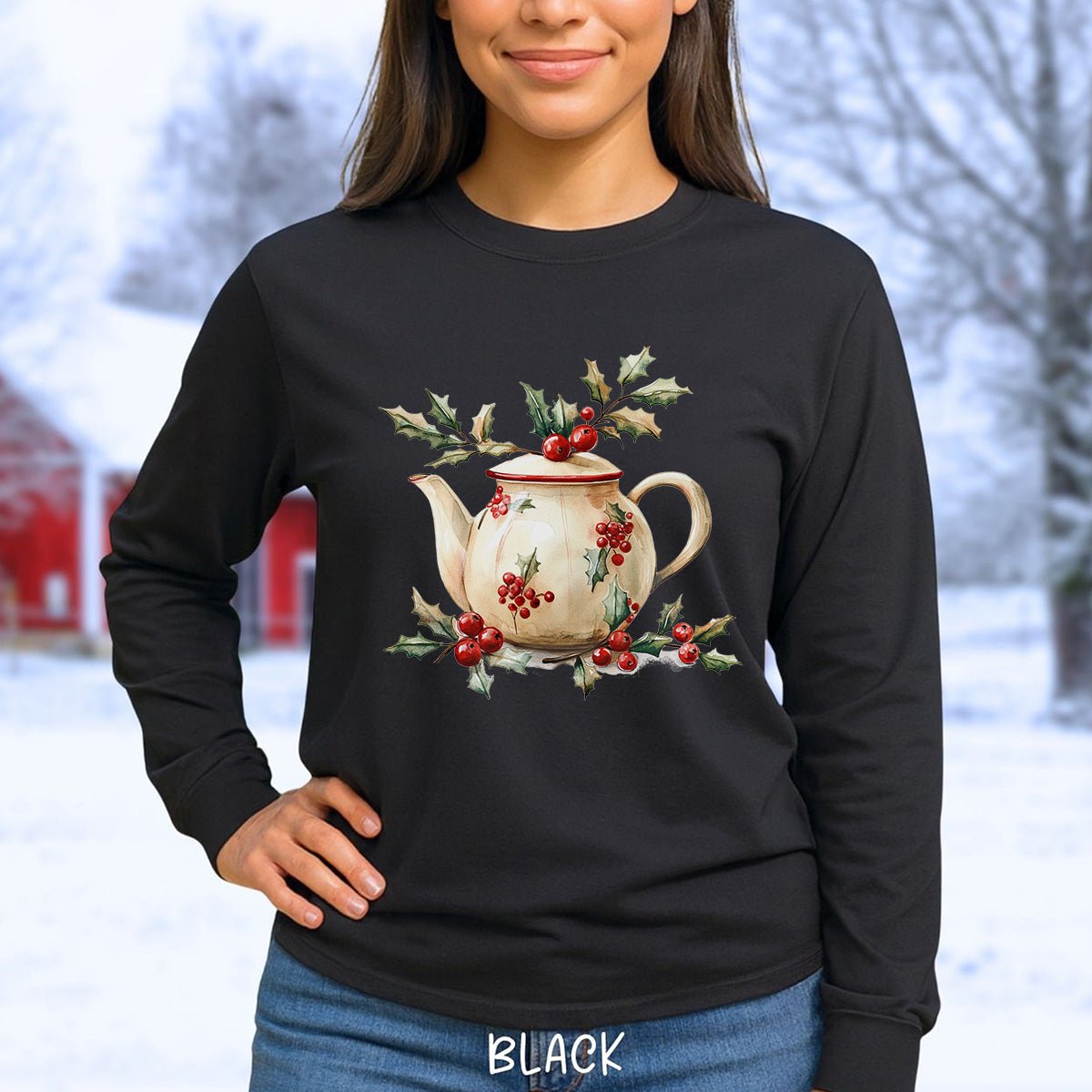 Farmhouse Christmas Teapot Long Sleeve Tee