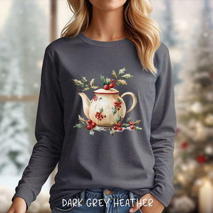 Farmhouse Christmas Teapot Long Sleeve Tee