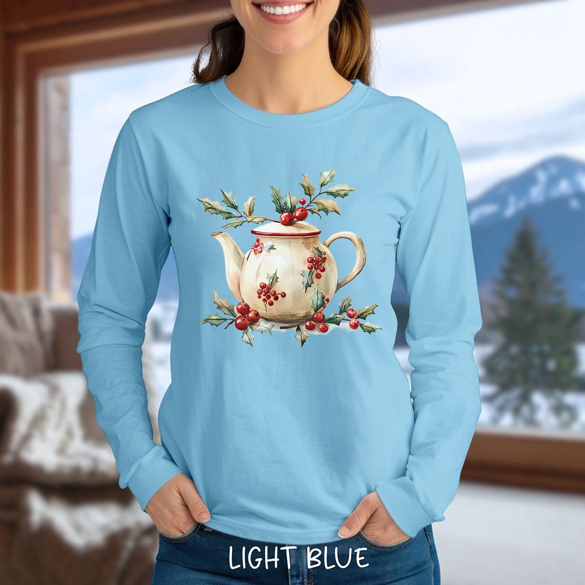 Farmhouse Christmas Teapot Long Sleeve Tee