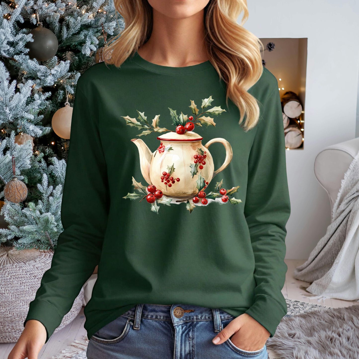 Farmhouse Christmas Teapot Long Sleeve Tee