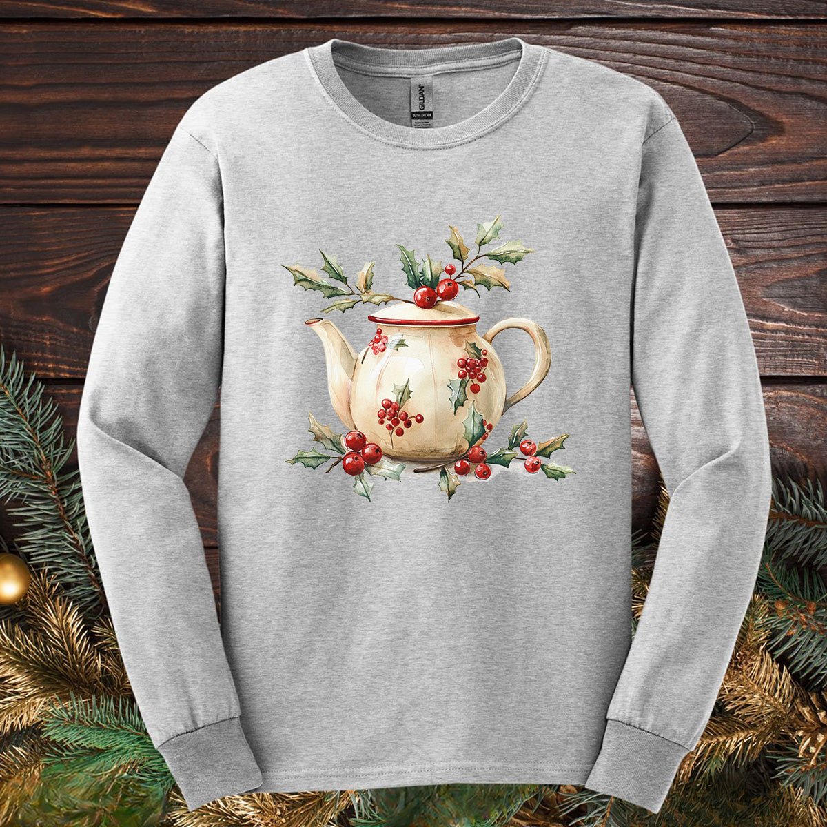 Farmhouse Christmas Teapot Long Sleeve Tee