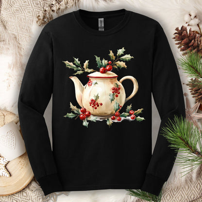 Black long sleeve tee with a watercolor farmhouse Christmas teapot, holly, and evergreens design.