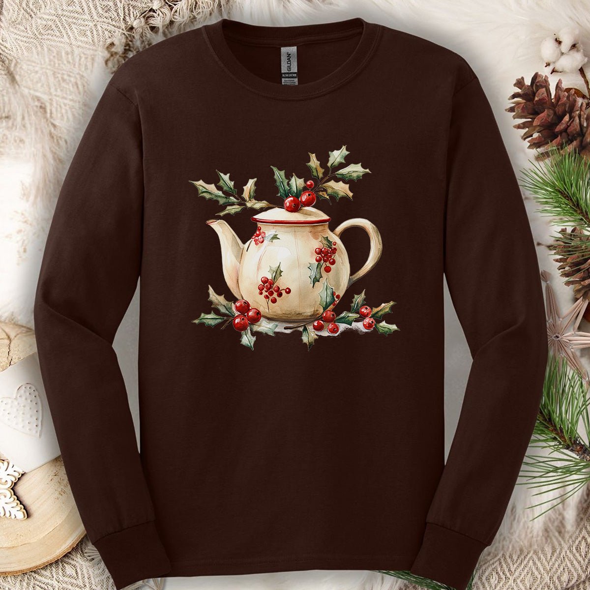 Farmhouse Christmas Teapot Long Sleeve Tee