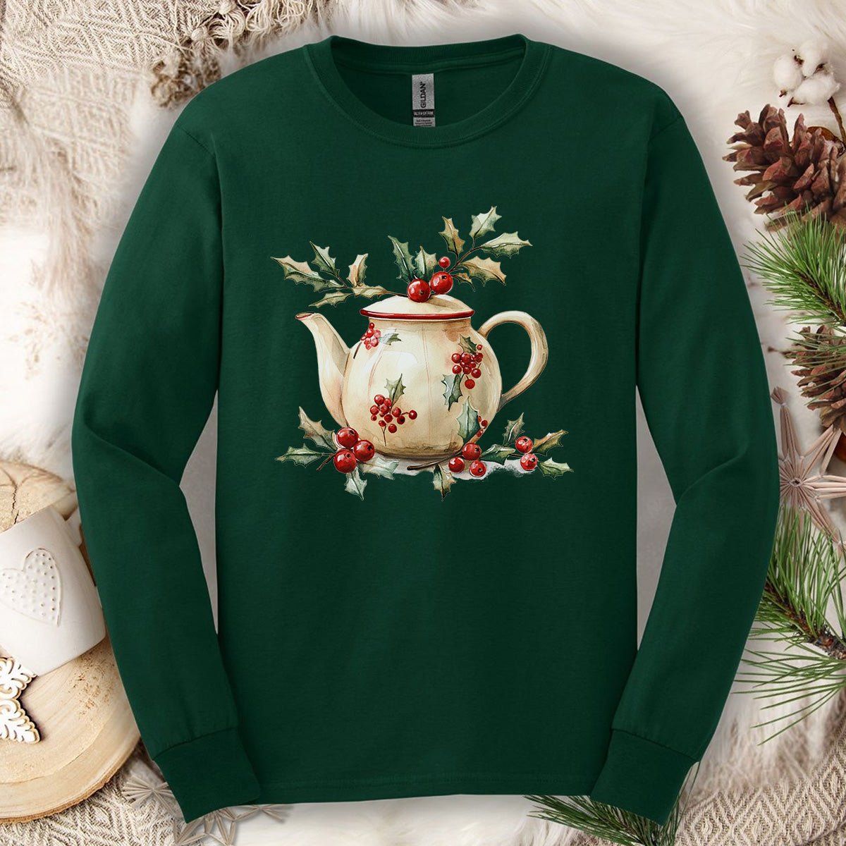 Farmhouse Christmas Teapot Long Sleeve Tee
