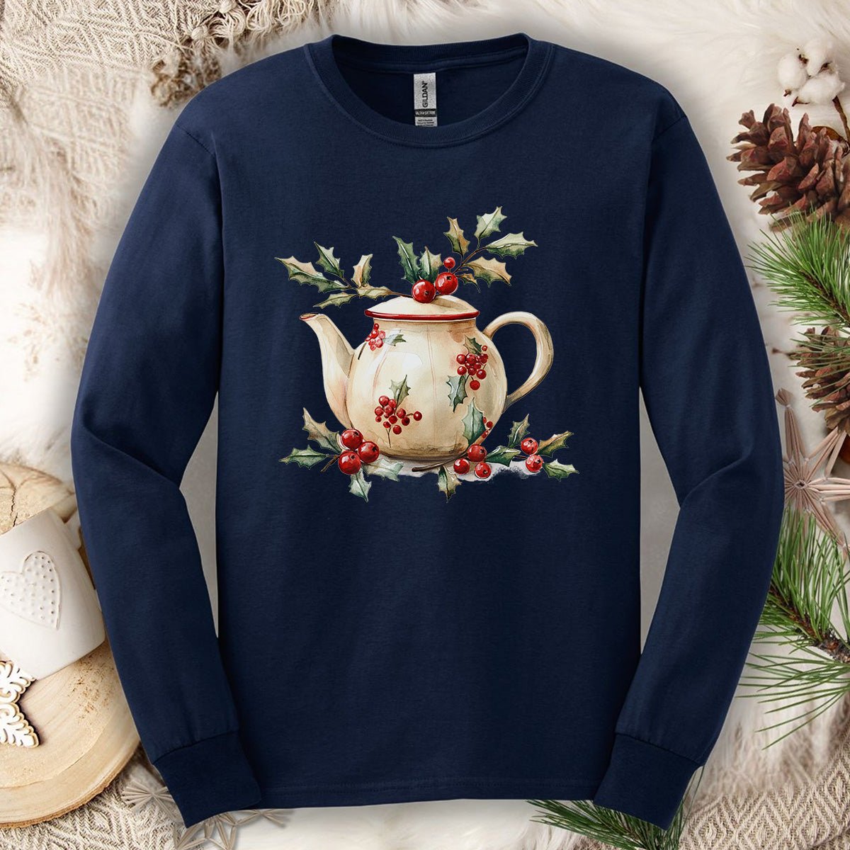 Farmhouse Christmas Teapot Long Sleeve Tee