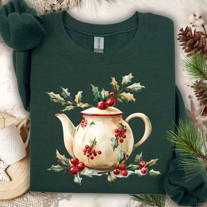 Forest Green Gildan fleece sweatshirt with a watercolor farmhouse teapot and holly berries design.