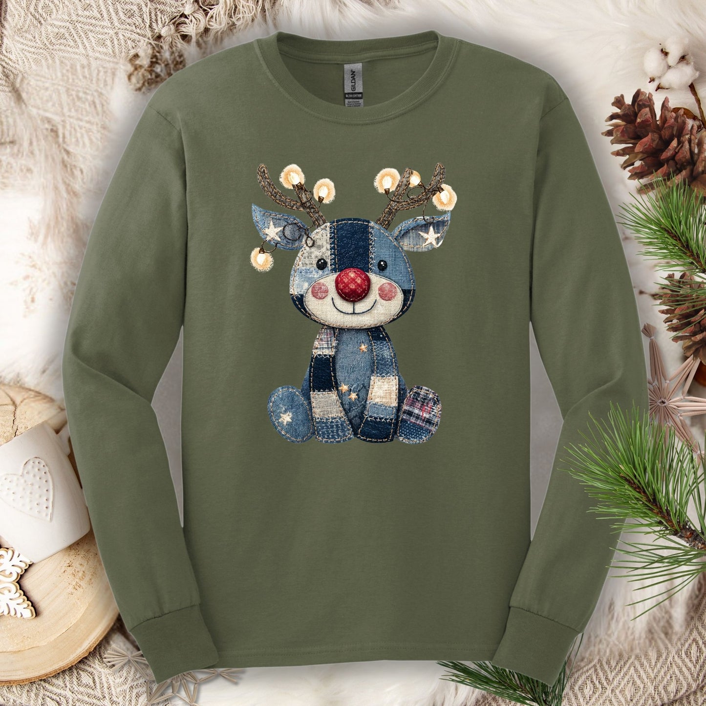 Faux Denim Patchwork Rudolph Long Sleeve Tee