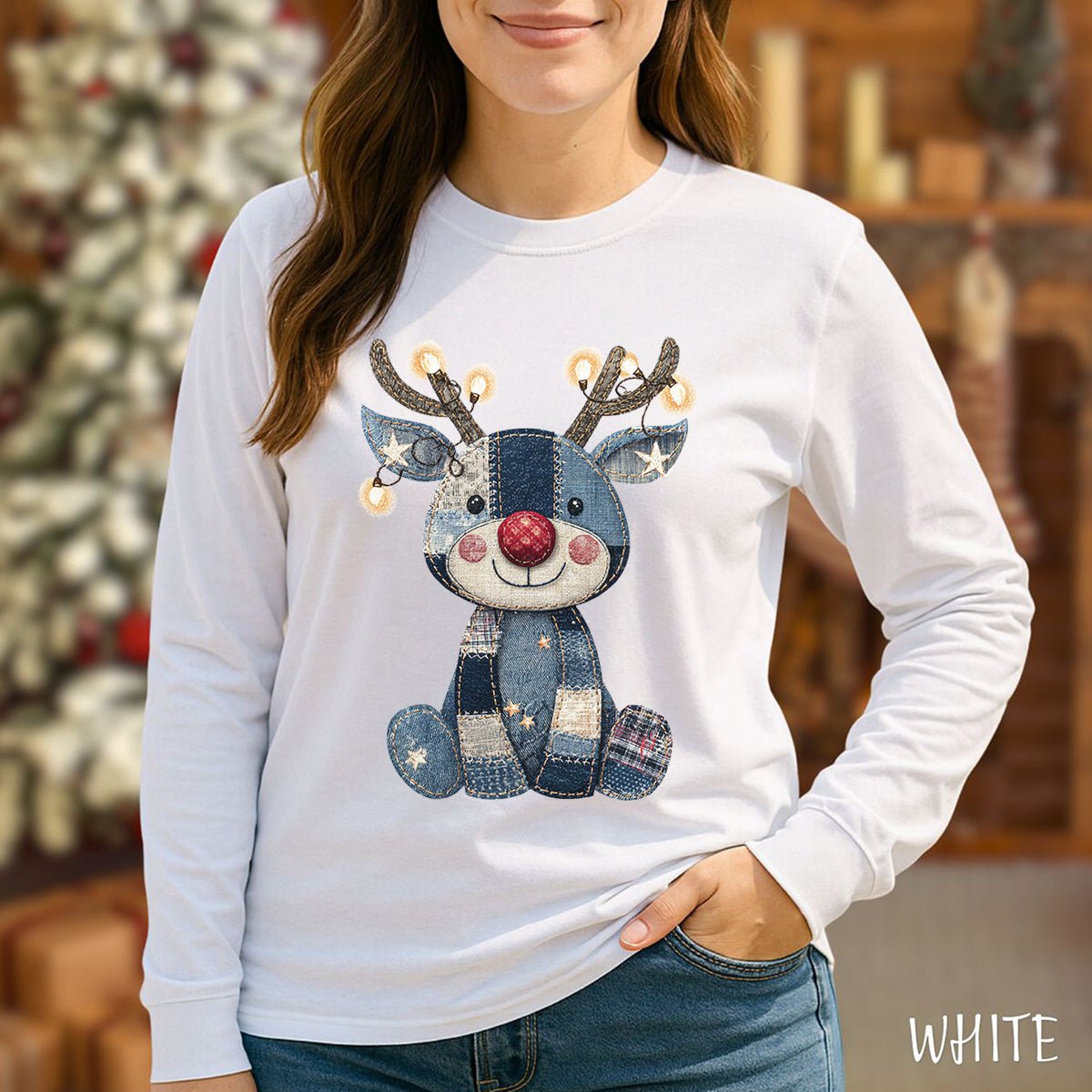 Faux Denim Patchwork Rudolph Long Sleeve Tee