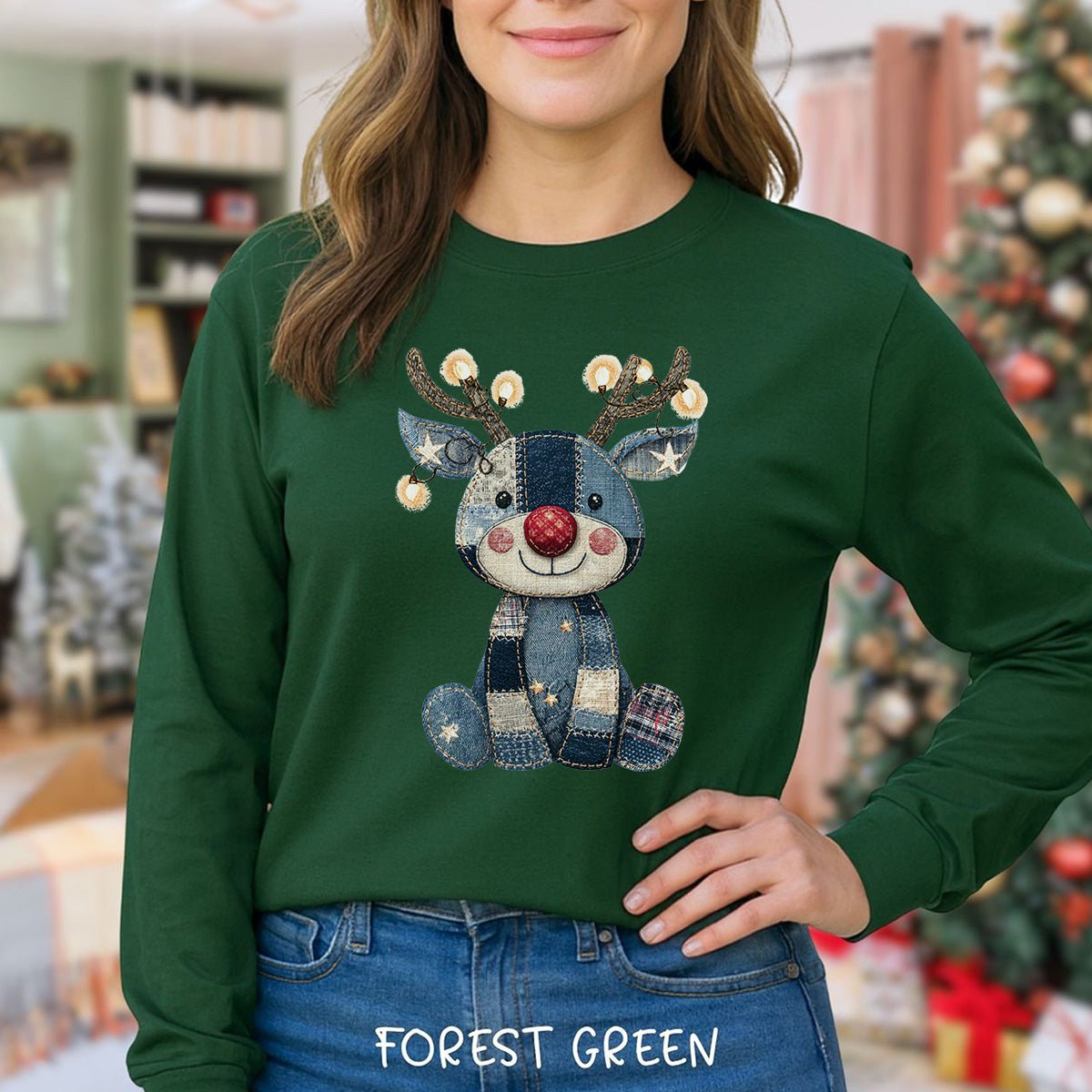Faux Denim Patchwork Rudolph Long Sleeve Tee