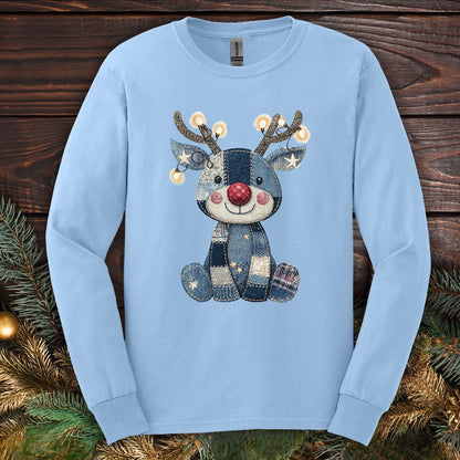 Faux Denim Patchwork Rudolph Long Sleeve Tee