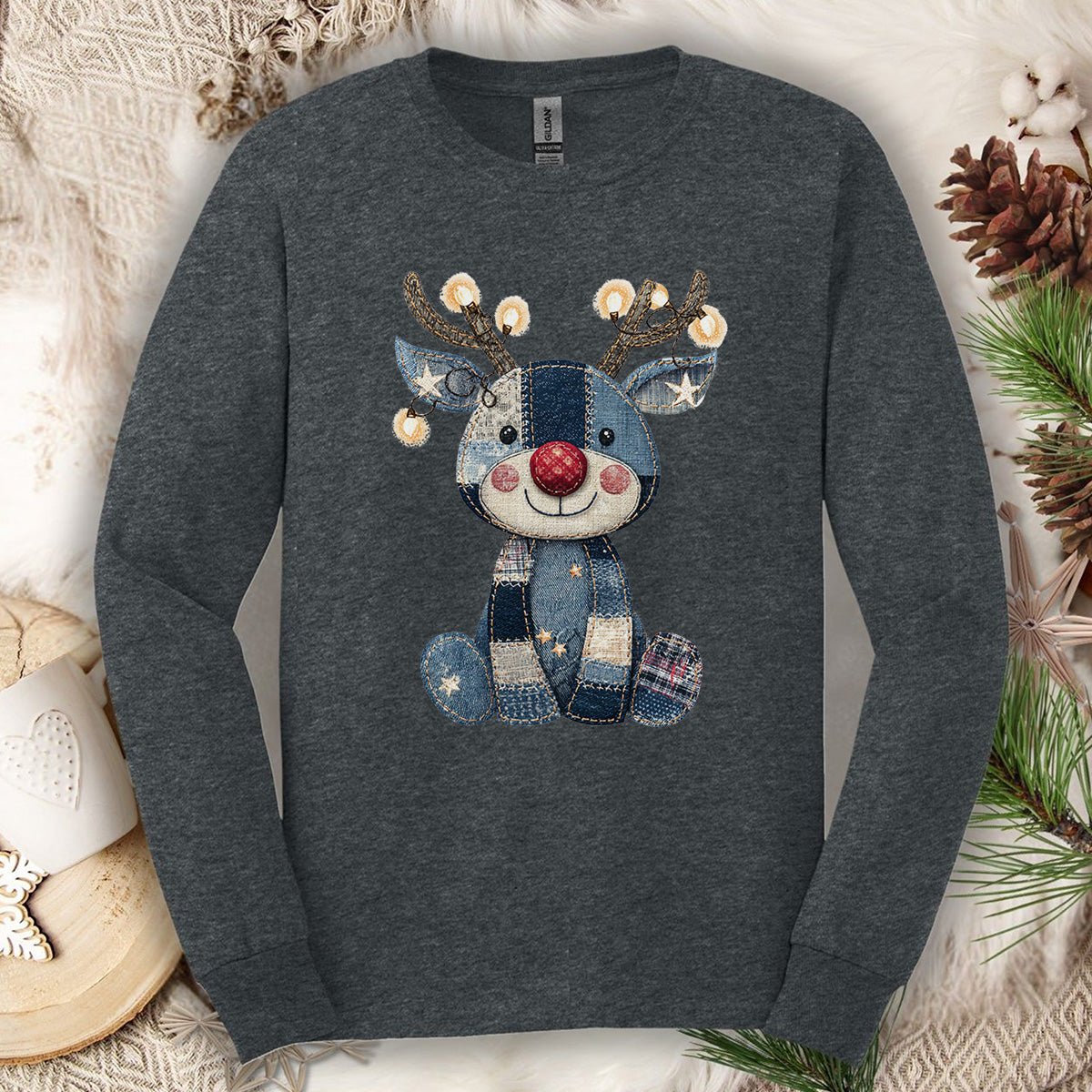 Faux Denim Patchwork Rudolph Long Sleeve Tee