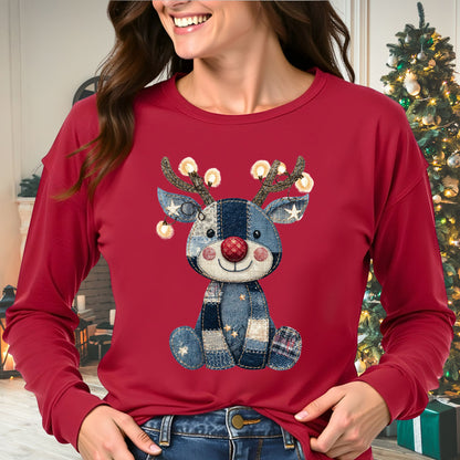 Faux Denim Patchwork Rudolph Long Sleeve Tee