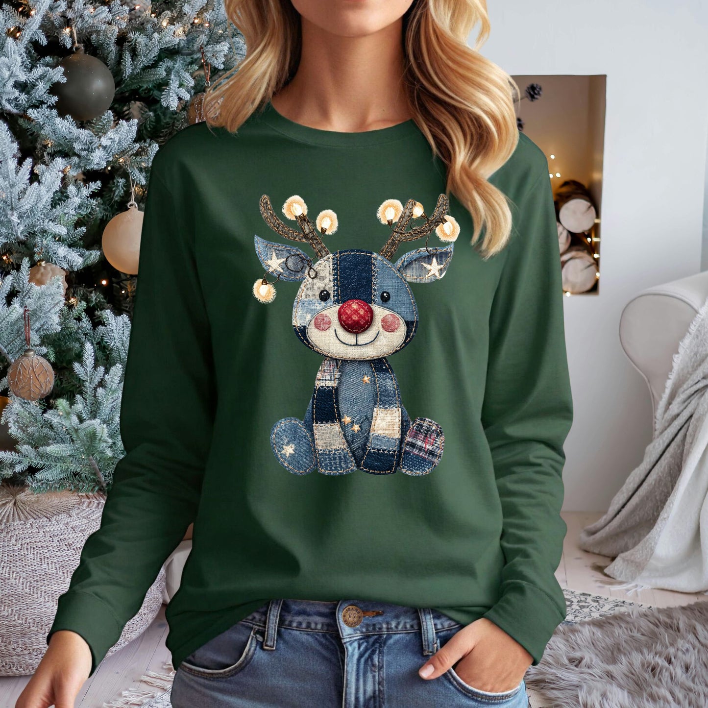 Faux Denim Patchwork Rudolph Long Sleeve Tee