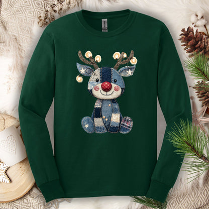 Forest green long sleeve tee with a faux denim patchwork Rudolph, sparkling antlers, and red nose.