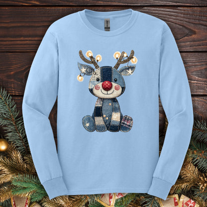 Light blue Gildan long sleeve tee with a faux denim patchwork Rudolph wearing Christmas lights.
