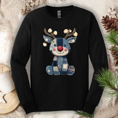 Black long sleeve tee with a faux denim patchwork Rudolph, antlers lit with Christmas lights.