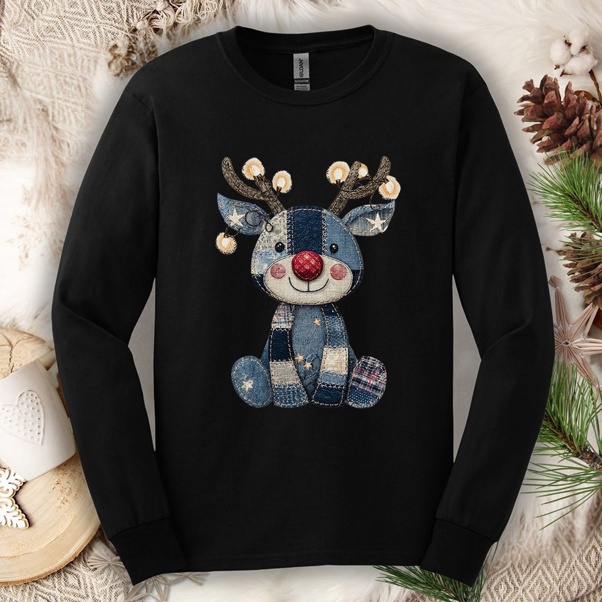 Faux Denim Patchwork Rudolph Long Sleeve Tee