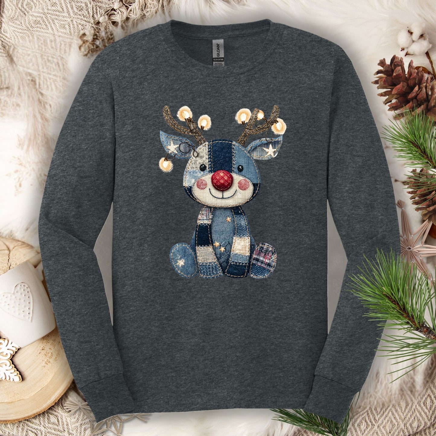 Dark Heather long sleeve tee with a faux denim patchwork Rudolph and sparkling Christmas lights.