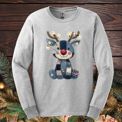 Ash long sleeve tee with a faux denim patchwork Rudolph, antlers sparkling with Christmas lights.