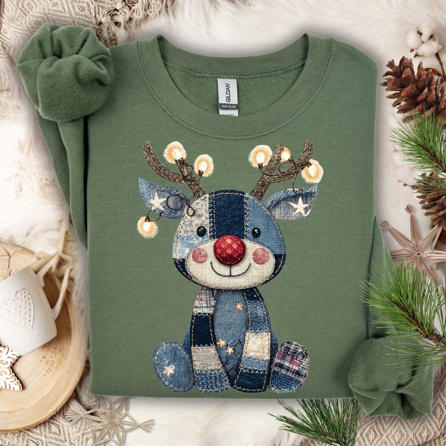 Faux Denim Patchwork Rudolph Sweatshirt