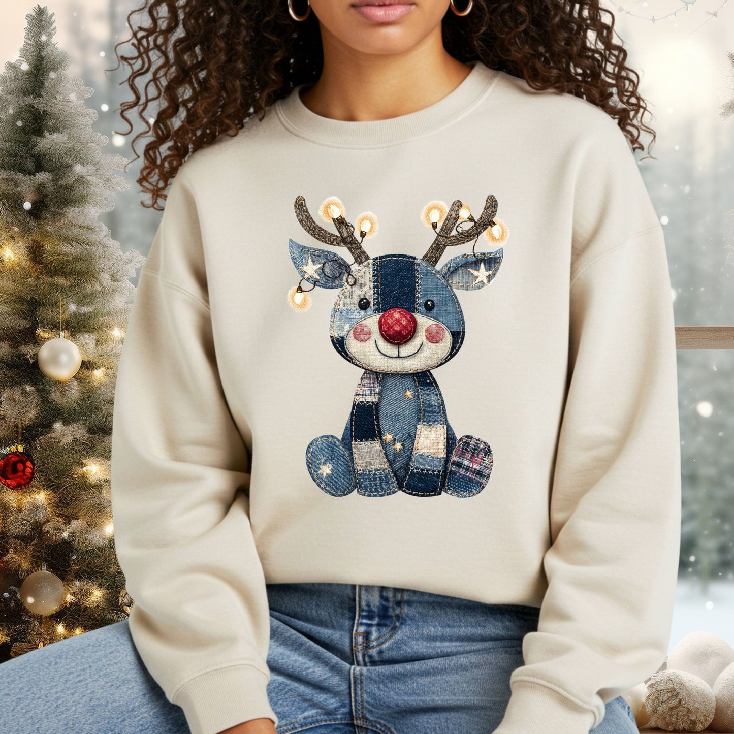 Faux Denim Patchwork Rudolph Sweatshirt