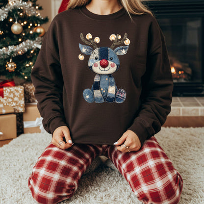 Faux Denim Patchwork Rudolph Sweatshirt