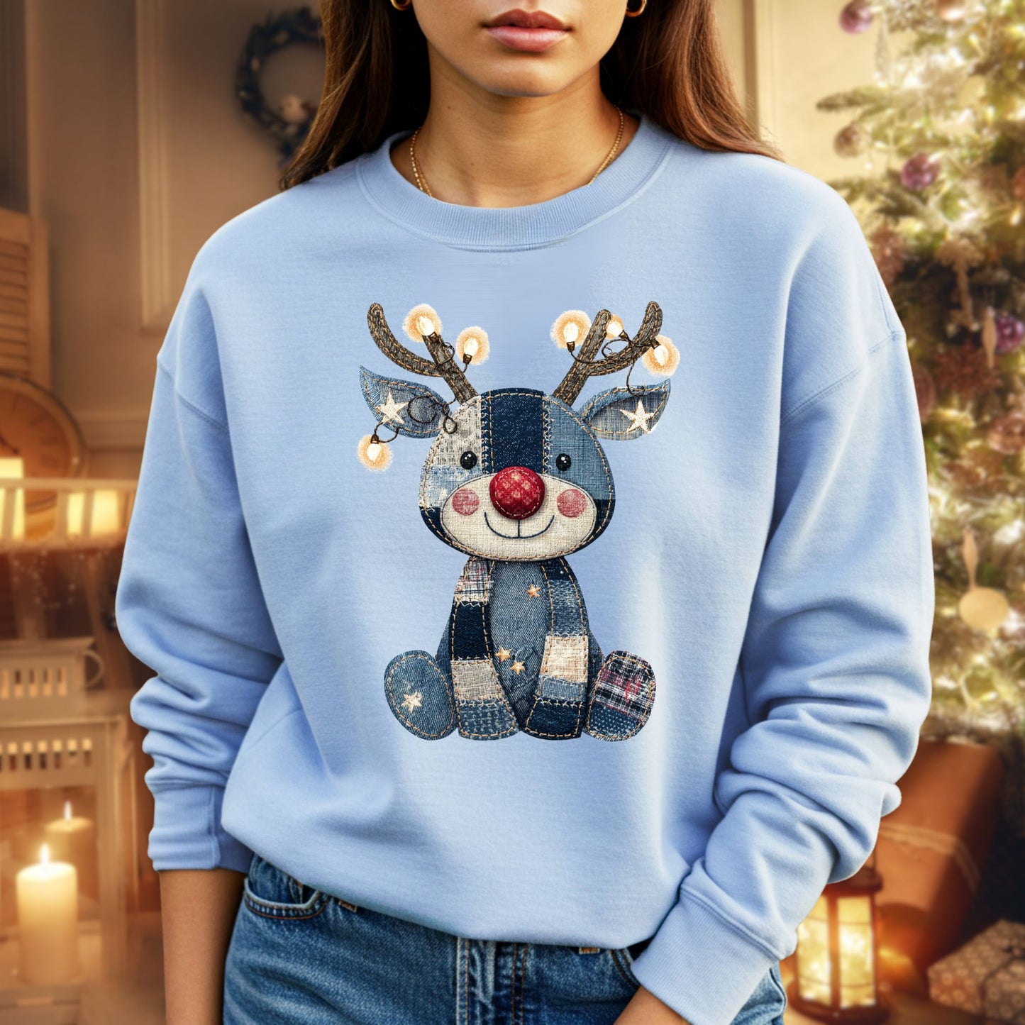 Faux Denim Patchwork Rudolph Sweatshirt