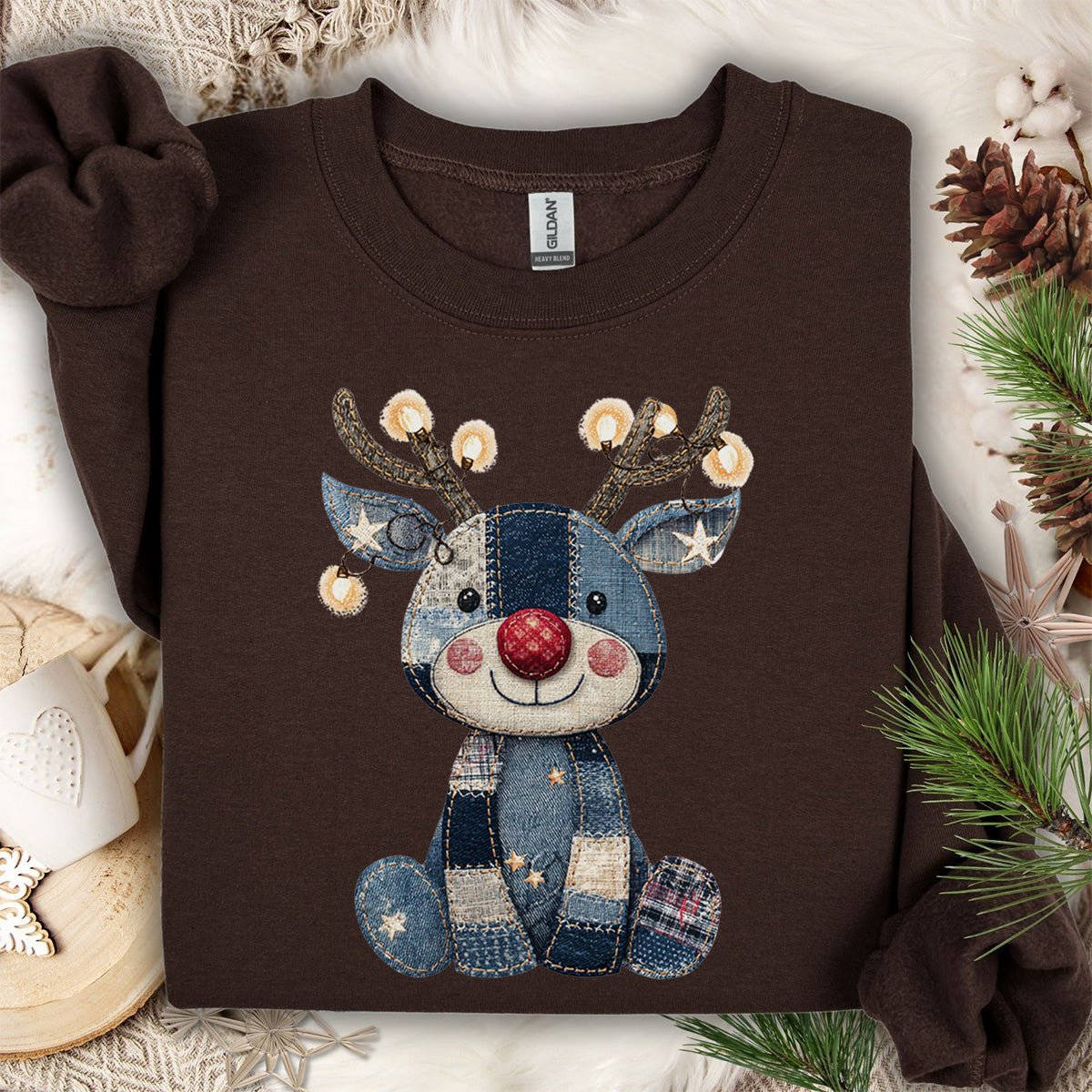 Faux Denim Patchwork Rudolph Sweatshirt
