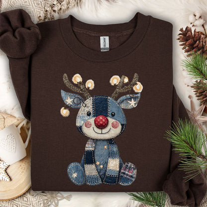 Faux Denim Patchwork Rudolph Sweatshirt