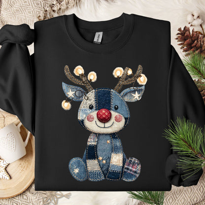 Black Gildan sweatshirt with a printed faux denim patchwork Rudolph and twinkling lights.