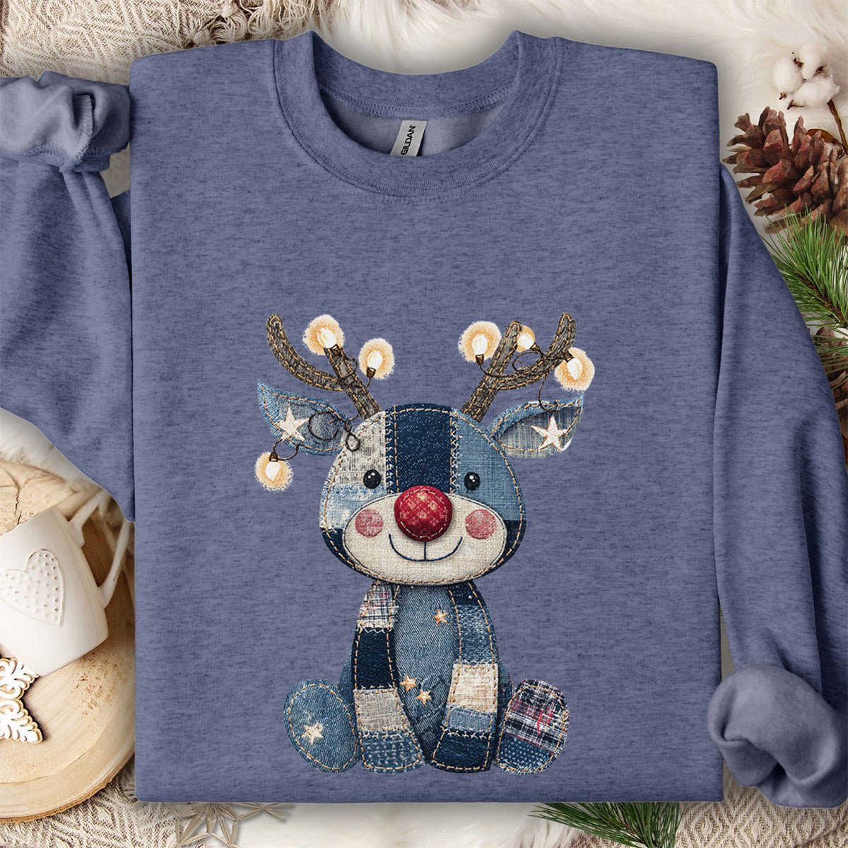 Faux Denim Patchwork Rudolph Sweatshirt