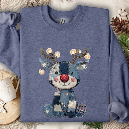 Faux Denim Patchwork Rudolph Sweatshirt