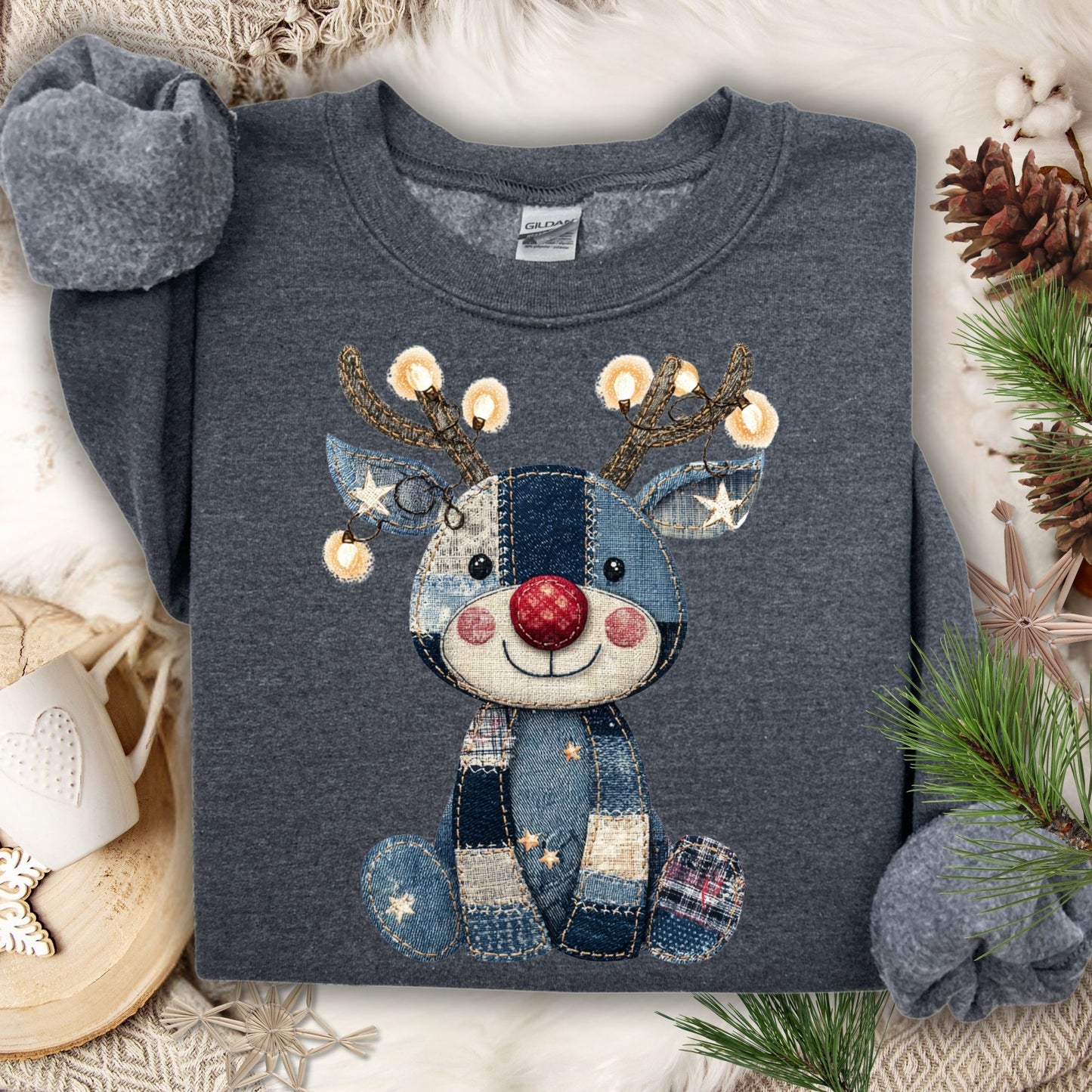 Dark Heather Faux Denim Patchwork Rudolph Sweatshirt with twinkling lights, a cozy cotton-poly blend.