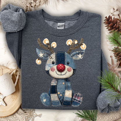 Dark Heather Faux Denim Patchwork Rudolph Sweatshirt with twinkling lights, a cozy cotton-poly blend.