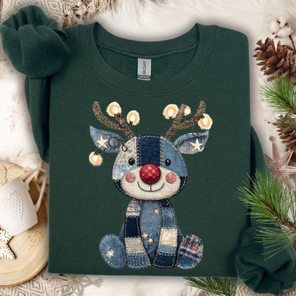 Forest Green Faux Denim Patchwork Rudolph Sweatshirt with twinkling lights, made from Gildan’s cotton-poly blend.