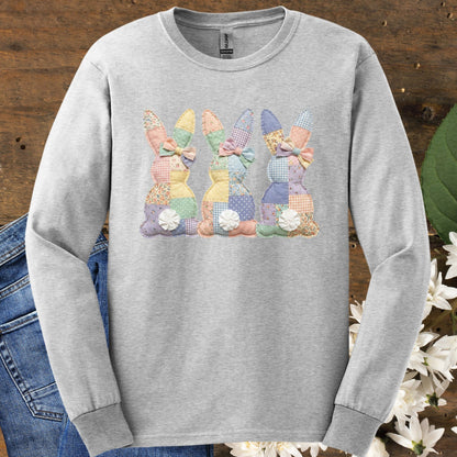Ash long sleeve tee with three pastel patchwork bunny tails design.