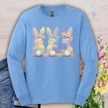 Carolina Blue long sleeve tee with three pastel patchwork bunny tails design.