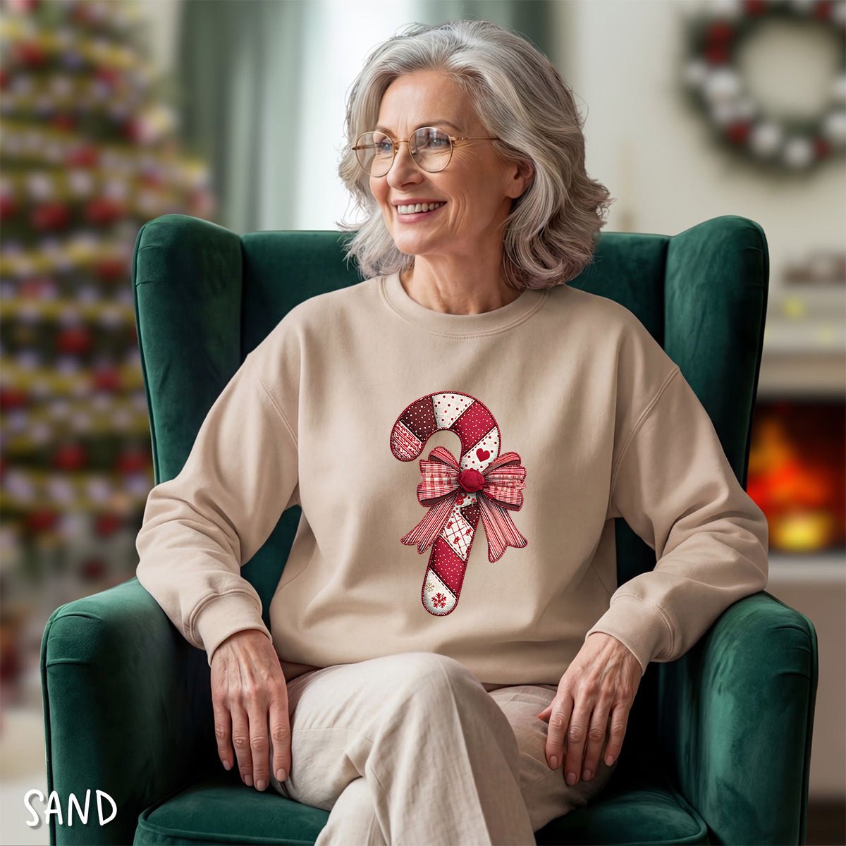 Faux Patchwork Candy Cane Bow Sweatshirt