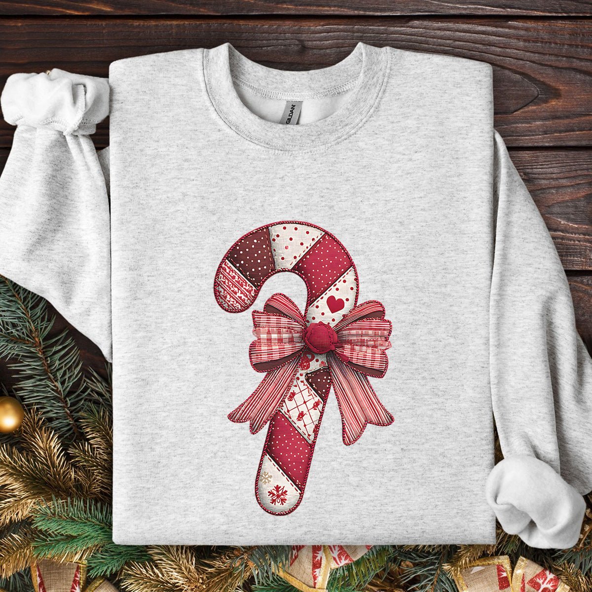 Faux Patchwork Candy Cane Bow Sweatshirt